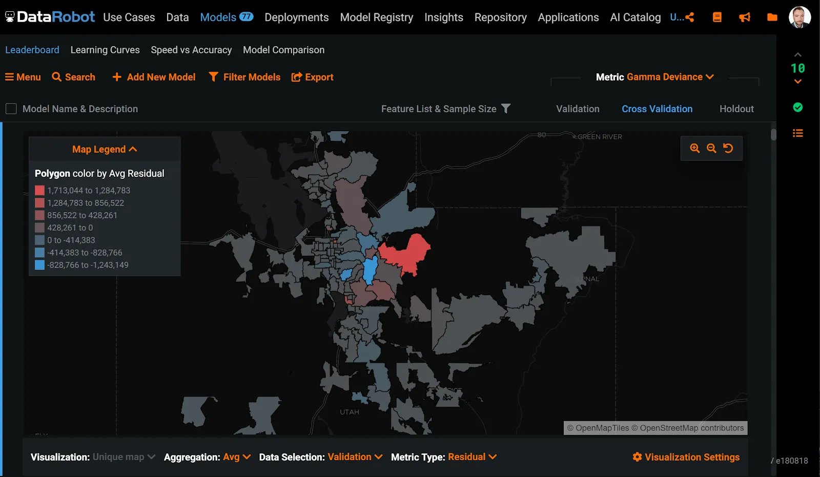 DataRobot map showing model residuals colored by polygon across the Utah region, for interpreting local prediction error