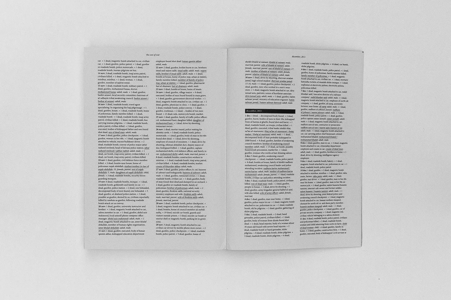 Open spread of the Cost of War book listing dated entries of violent incidents and civilian deaths in Iraq