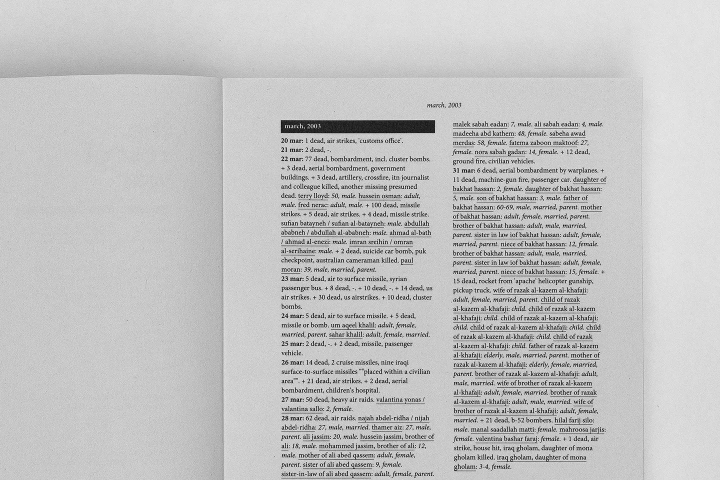 Open spread of the Cost of War book showing a March 2003 entry with named civilian casualties