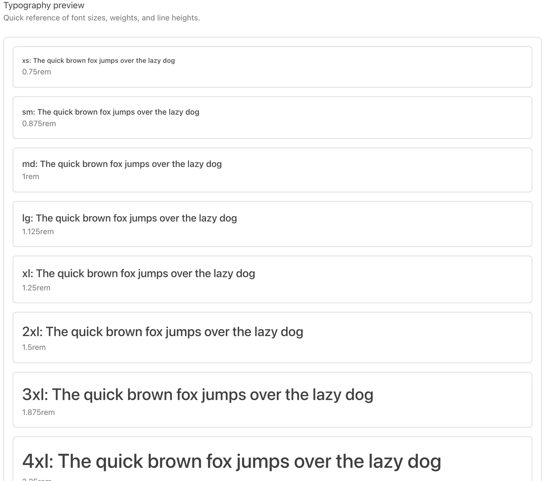The type scale rendered at each step, with the token name and resolved size beside every sample