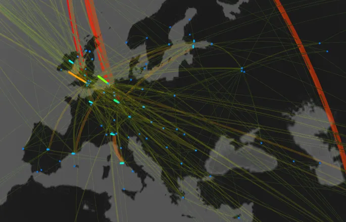 World map visualization of flight routes across Europe, with lines colored by traffic volume