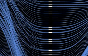 Close-up of curved flight path lines converging toward a central point in the Flight Sense visualization