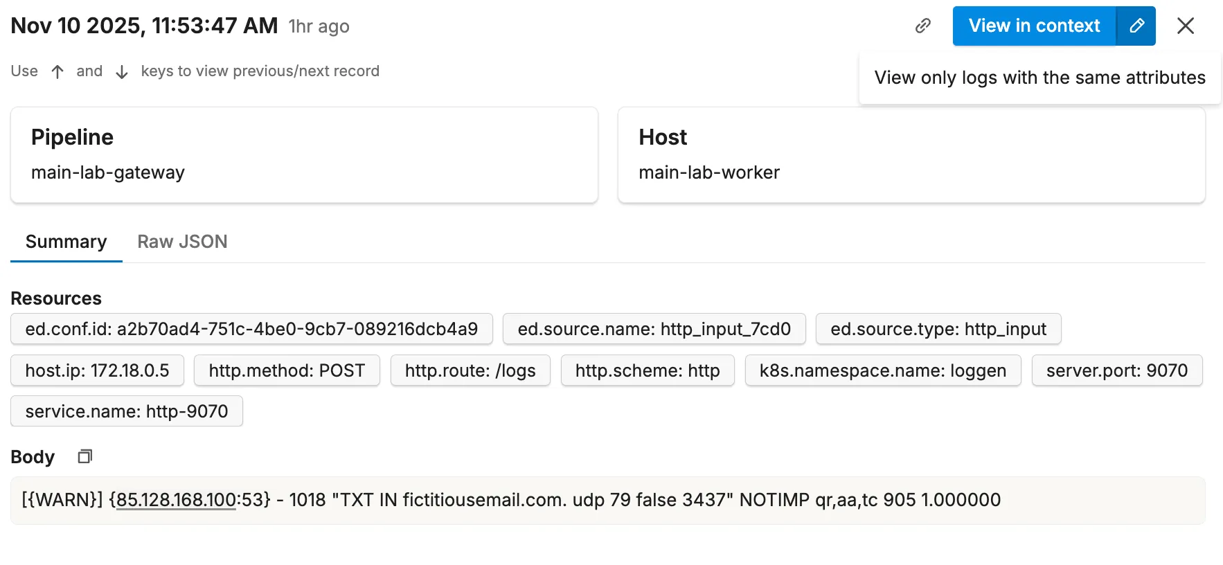 A single log record showing its pipeline, host and resource attributes as chips, with a control to view only logs sharing the same attributes in context