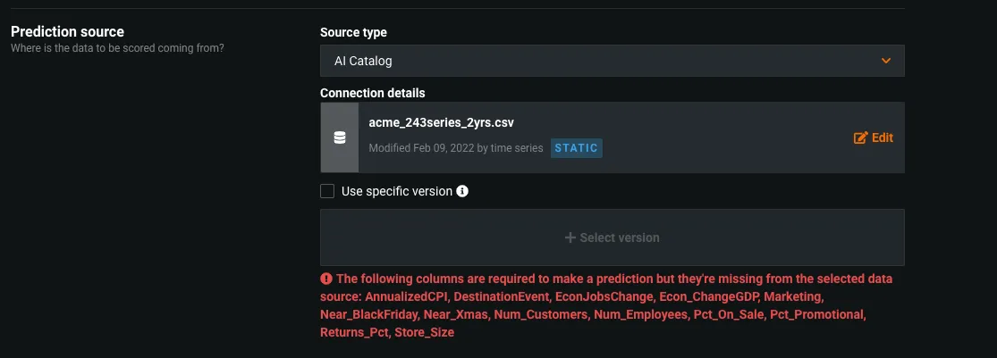 Prediction source section of a job definition with an AI Catalog dataset selected, and a red validation message listing the columns the model requires that the dataset is missing