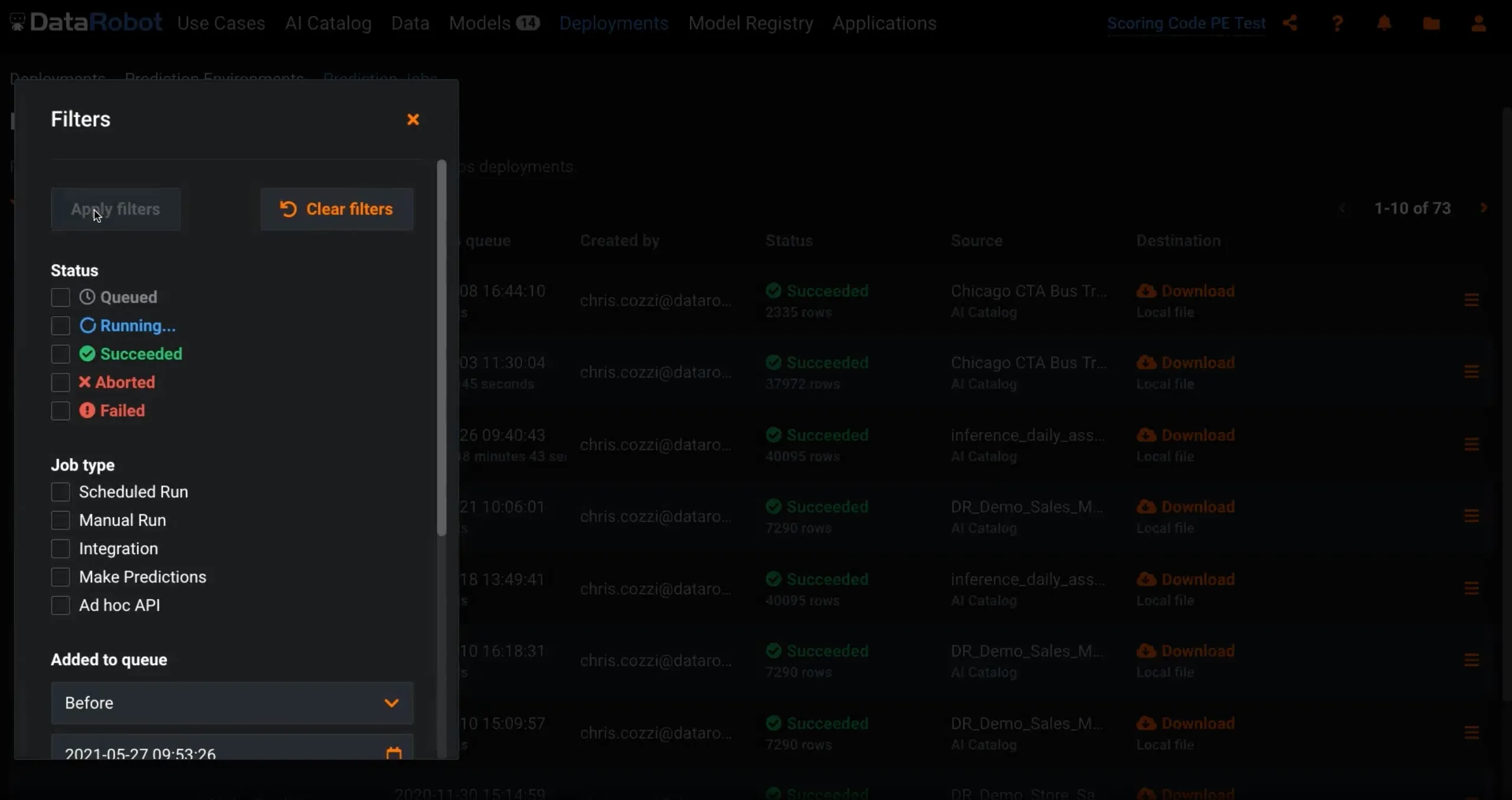 DataRobot prediction jobs filter panel with checkboxes for job status and job type, and a date range for when jobs were queued