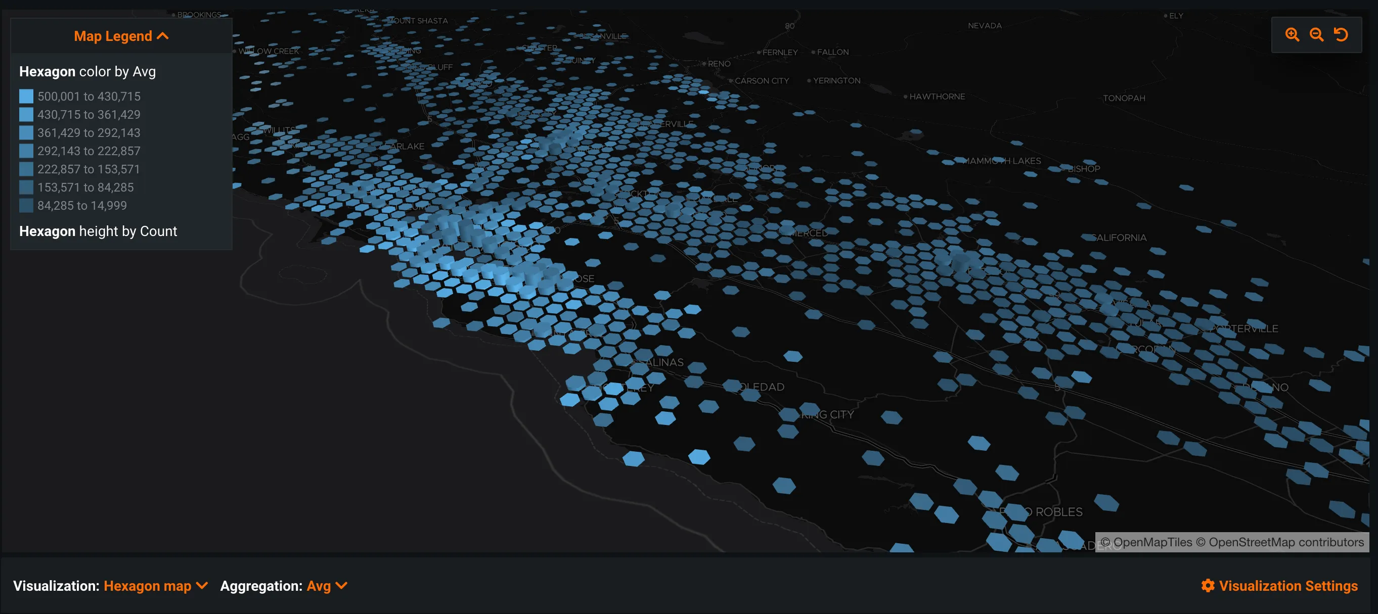 Hexagon map of the Central California coast from Bakersfield to Paso Robles, colored and sized by average value