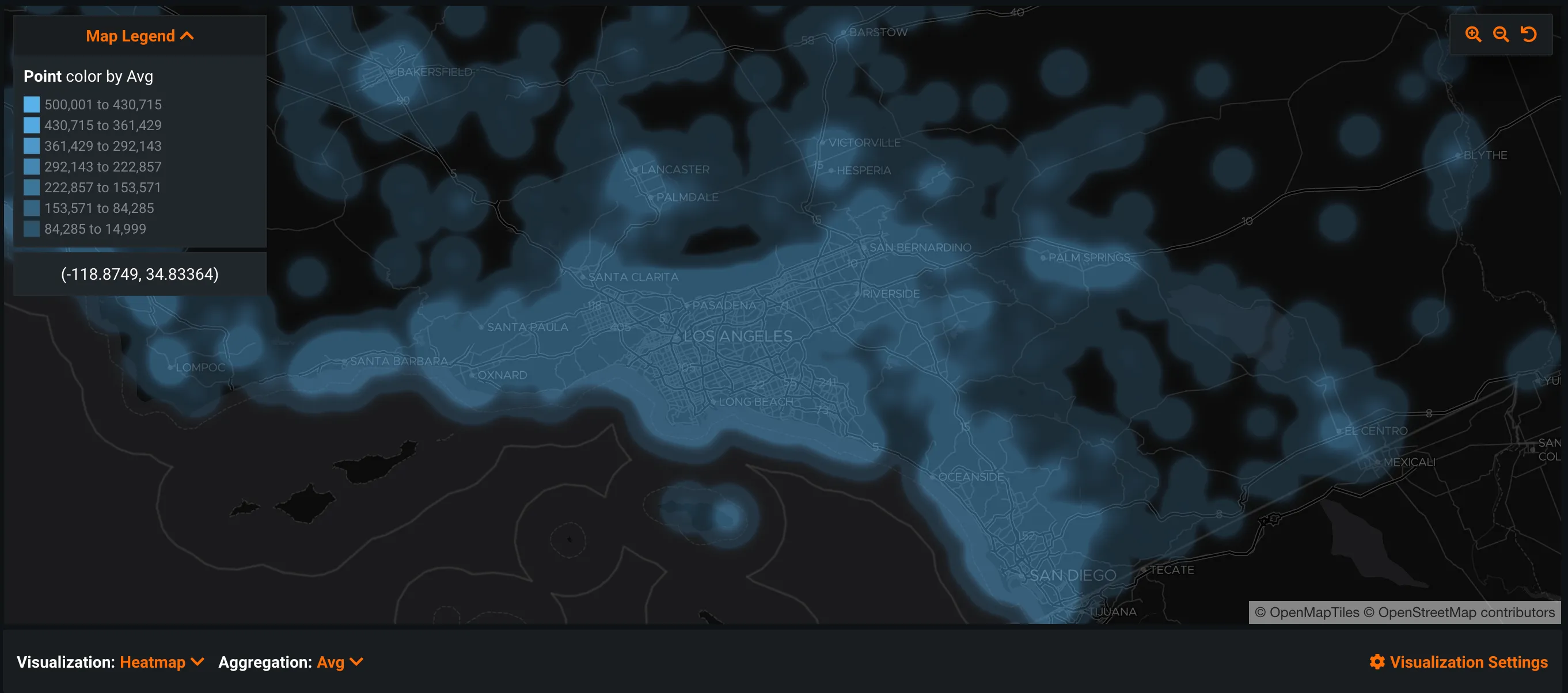 Heatmap of the Los Angeles and San Diego region showing density of values across the map