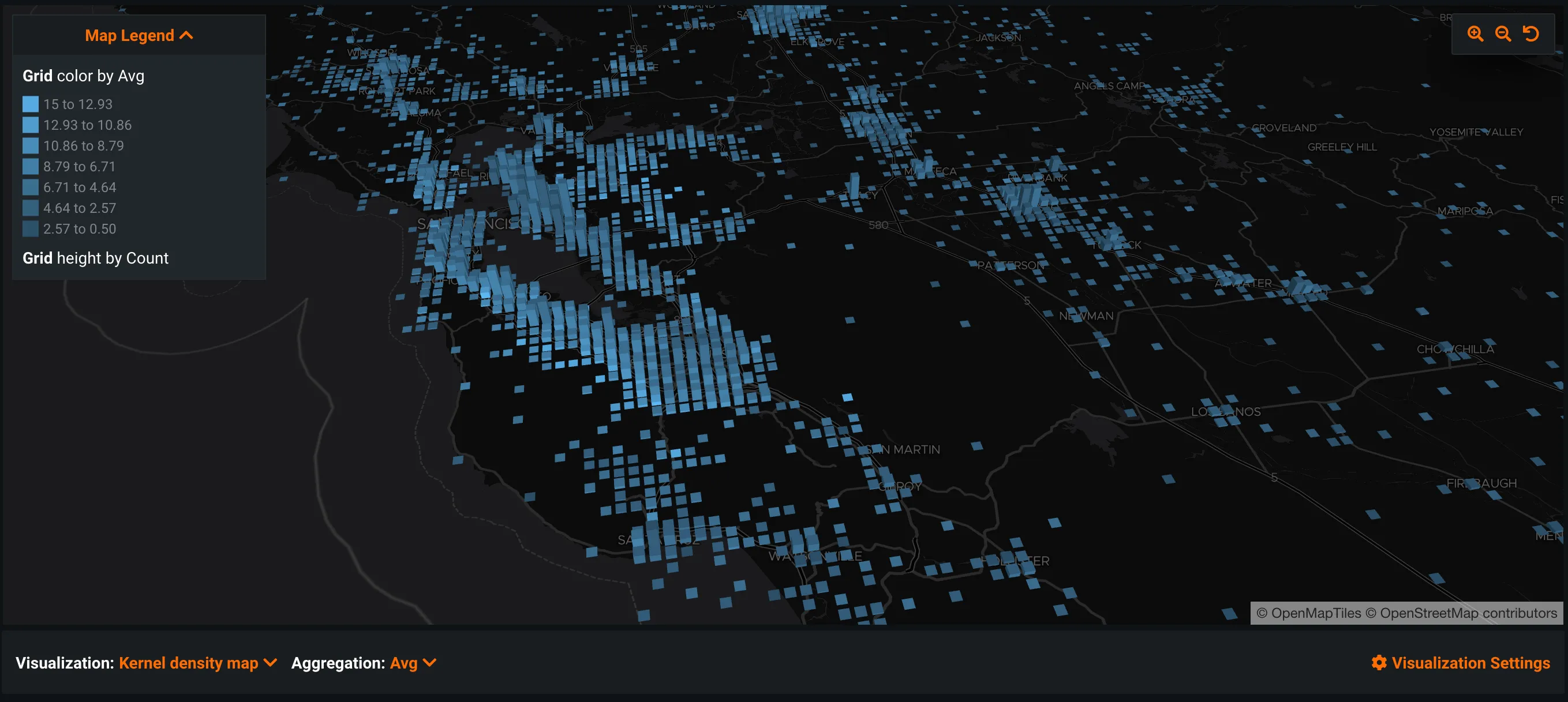 3D grid map of the San Francisco Bay Area and Central Valley showing average values as blue bars by location