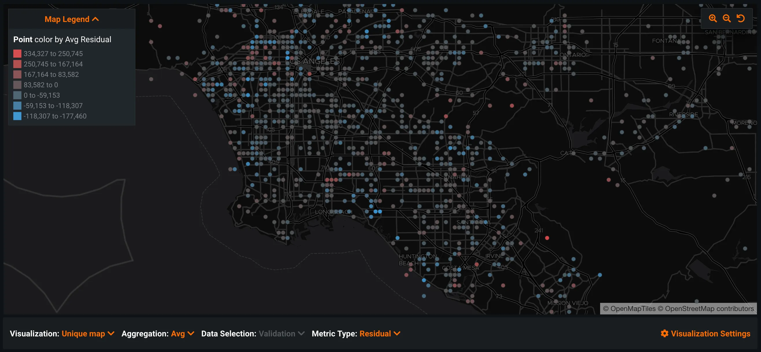 Accuracy Over Space map of Los Angeles and Orange County, points colored on a red-to-blue scale by average residual, with visualization, aggregation, data selection and metric type controls below