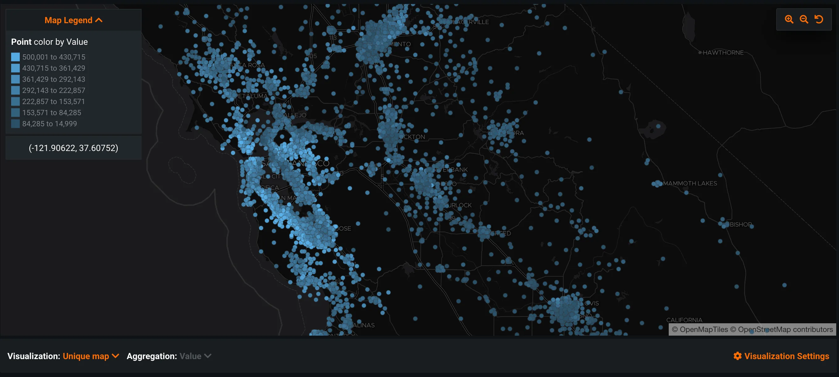 Unique map of the San Francisco Bay Area and Central Valley, each row drawn as a point colored by value, with the hovered point's coordinates shown under the legend