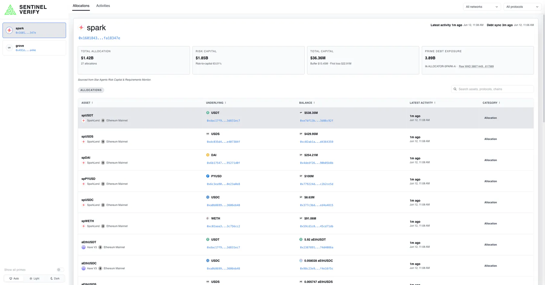Allocations table listing positions with their underlying assets, balances, latest activity times and categories, filtered by network and protocol