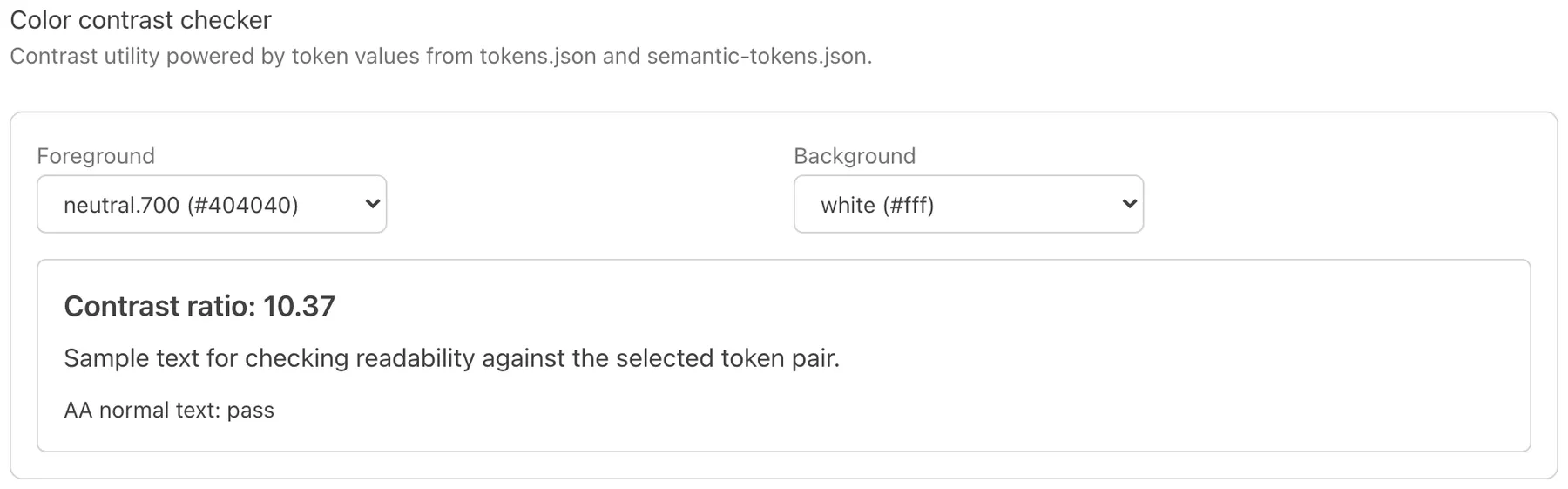 Contrast checker listing token pairs with their measured contrast ratios and pass or fail against the AA threshold